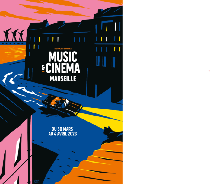 Das Bild ist das bunte Festivalsujet von Music & Cinéma Marseille. Man sieht ein Auto durch die Straßen fahren, die Scheinwerder sind an, im Hintergrund sieht man das Meer.