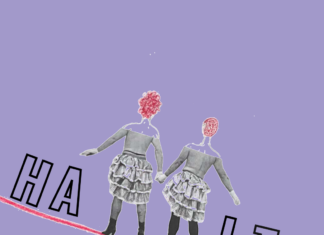 Schreibwettbewerb voixAUT / Kulturforum Paris Das Bild zeigt zwei Menschen, die auf einem Seil stehen und sich gegenseitig „Halt“ geben.