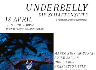 UNDERBELLY, Die Schattenseite / Kulturforum Pretoria Das Bild zeigt eine Einladung zu einer Ausstellung. Es handelt sich um eine Bearbeitung eines Fotos von Marko Zink, die Informationen zur Veranstaltung sowie zu den sieben Künstlern enthält, die ausstellen werden.