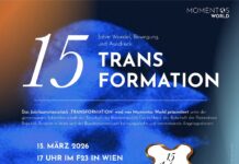 15 Jahre Momentos World / Brasilien – Wien Das Bild zeigt das Plakat zur Veranstaltung. Es ist blau mit weisser Schrift.