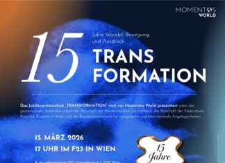 15 Jahre Momentos World / Brasilien – Wien Das Bild zeigt das Plakat zur Veranstaltung. Es ist blau mit weisser Schrift.