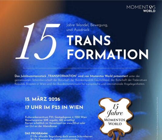 15 Jahre Momentos World / Brasilien – Wien Das Bild zeigt das Plakat zur Veranstaltung. Es ist blau mit weisser Schrift.