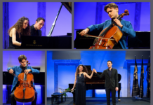 Festival Ljubljana / Kulturforum Ljubljana Das Bild zeigt eine Collage mit vier Bildern des Konzertes von Jeremias Fliedl und dem Piano Duo Kalabova & Gugg