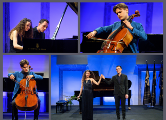 Festival Ljubljana / Kulturforum Ljubljana Das Bild zeigt eine Collage mit vier Bildern des Konzertes von Jeremias Fliedl und dem Piano Duo Kalabova & Gugg