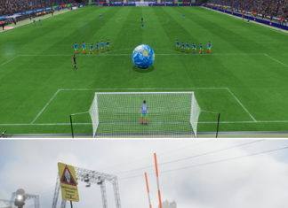 Milan Machinima Festival 2026 / Kulturforum Mailand Das Bild zeigt zwei Frames aus den Kurzfilmen: „World at Stake“ mit einem Fußballspiel in einem Stadion, in dessen Mitte eine große Weltkugel liegt, und „Erratic Lands“ mit einer nebligen, felsigen Landschaft, einem Warnschild vor Gletscherspalten sowie technischen Strukturen und Markierungen im Hintergrund.