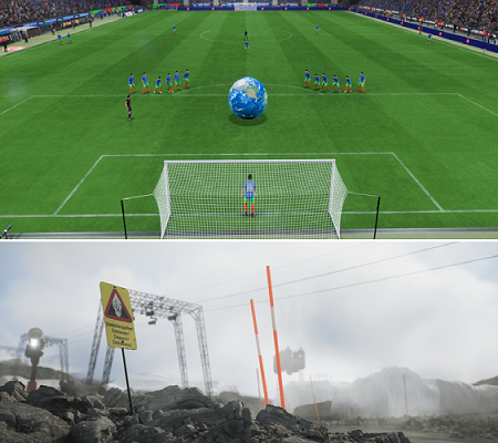 Bild: © Total Refusal/World at Stake und © Julian Berger / Erratic Lands Das Bild zeigt zwei Frames aus den Kurzfilmen: „World at Stake“ mit einem Fußballspiel in einem Stadion, in dessen Mitte eine große Weltkugel liegt, und „Erratic Lands“ mit einer nebligen, felsigen Landschaft, einem Warnschild vor Gletscherspalten sowie technischen Strukturen und Markierungen im Hintergrund.