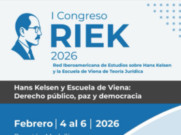 RIEK Kongress / Botschaft Bogotá Bildbeschreibung für Barrierefreiheit Der Flyer informiert über den I. Kongress des Iberoamerikanischen Netzwerks für Studien zu Hans Kelsen und der Wiener rechtstheoretischen Schule (RIEK), einem akademischen Netzwerk zur Forschung über Hans Kelsen und die Wiener Rechtstheorie. Zu sehen sind der Titel der Veranstaltung, das Datum (4.–6. Februar 2026) sowie die Veranstaltungsorte Bogotá und Medellín. Genannt werden unter anderem die Universidad de Antioquia, die Universidad Autónoma Latinoamericana (UNAULA), die Universidad EAFIT und die Universidad del Externado. Am unteren Rand sind die Logos der unterstützenden Institutionen abgebildet, darunter das Hans Kelsen Institut, die Hans Kelsen Forschungsstelle, die Österreichische Botschaft Bogotá, die Deutsche Botschaft Bogotá, der DAAD, die Alexander von Humboldt Stiftung, das Goethe Institut sowie weitere Partnerinstitutionen.