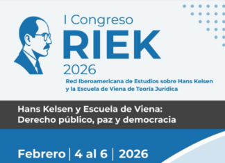 RIEK Kongress / Botschaft Bogotá Bildbeschreibung für Barrierefreiheit Der Flyer informiert über den I. Kongress des Iberoamerikanischen Netzwerks für Studien zu Hans Kelsen und der Wiener rechtstheoretischen Schule (RIEK), einem akademischen Netzwerk zur Forschung über Hans Kelsen und die Wiener Rechtstheorie. Zu sehen sind der Titel der Veranstaltung, das Datum (4.–6. Februar 2026) sowie die Veranstaltungsorte Bogotá und Medellín. Genannt werden unter anderem die Universidad de Antioquia, die Universidad Autónoma Latinoamericana (UNAULA), die Universidad EAFIT und die Universidad del Externado. Am unteren Rand sind die Logos der unterstützenden Institutionen abgebildet, darunter das Hans Kelsen Institut, die Hans Kelsen Forschungsstelle, die Österreichische Botschaft Bogotá, die Deutsche Botschaft Bogotá, der DAAD, die Alexander von Humboldt Stiftung, das Goethe Institut sowie weitere Partnerinstitutionen.