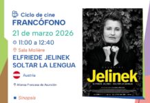 Frankophonie-Fest in Paraguay / Botschaft Buenos Aires Das Bild zeigt den Flyer des Filmes „Elfriede Jelinek – Die Sprache von der Leine lassen“ im Rahmen des Filmzyklus zur Frankophonie.