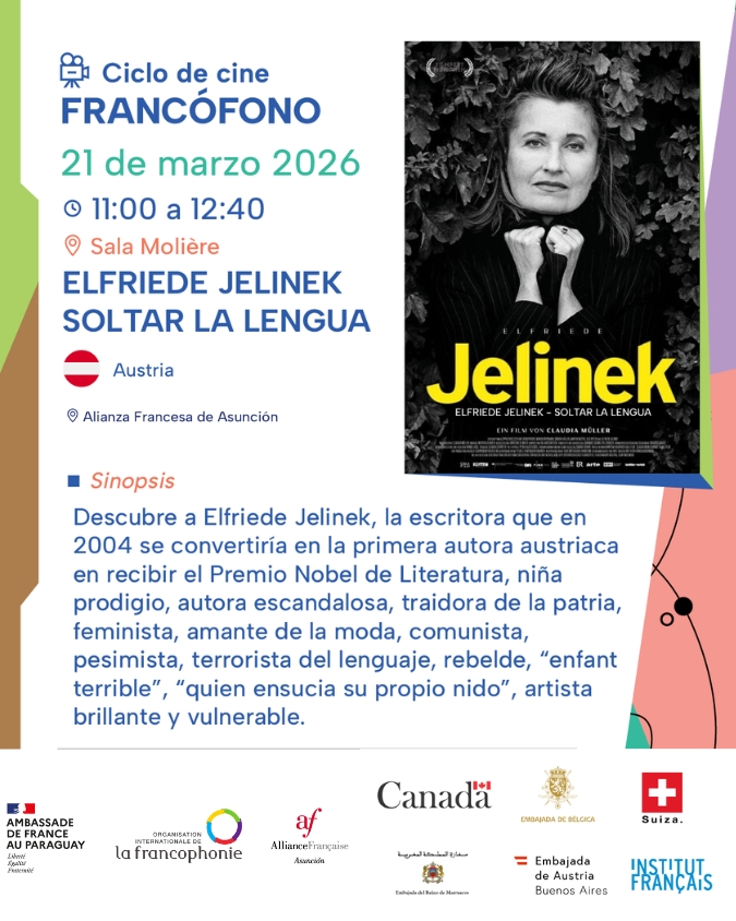 Das Bild zeigt den Flyer des Filmes „Elfriede Jelinek – Die Sprache von der Leine lassen“ im Rahmen des Filmzyklus zur Frankophonie.