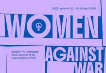 Women against War / Kulturforum Budapest Das Bild zeigt das Logo von WOMEN AGAINST WAR mit Informationen über die Dauer der Ausstellung und das Datum der Eröffnung.