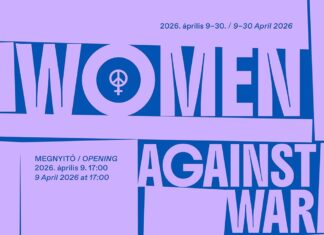 Women against War / Kulturforum Budapest Das Bild zeigt das Logo von WOMEN AGAINST WAR mit Informationen über die Dauer der Ausstellung und das Datum der Eröffnung.