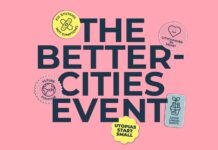 Urban Future 2026 / Kulturforum Ljubljana Das Bild zeigt die Drachenbrücke in Ljubljana und zwei Menschen mit Einhorn-Masken. Einer fährt ein Fahrrad mit Pflanzen und im Hintergrund ist die Burg zu sehen