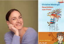 90 Years of Christine Nöstlinger and 70 Years ACF / Kulturforum London Das Bild zeigt links Schauspielerin Lena Liedl, die in einem fliederfarbenen Pullover in die Kamera lächelt. Rechts befinden sich die Buchcover zweier Kinderbücher Christine Nöstlingers, ‚Geschichten vom Franz‘ und ‚Das Austauschkind‘.