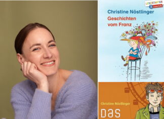 90 Years of Christine Nöstlinger and 70 Years ACF / Kulturforum London Das Bild zeigt links Schauspielerin Lena Liedl, die in einem fliederfarbenen Pullover in die Kamera lächelt. Rechts befinden sich die Buchcover zweier Kinderbücher Christine Nöstlingers, ‚Geschichten vom Franz‘ und ‚Das Austauschkind‘.