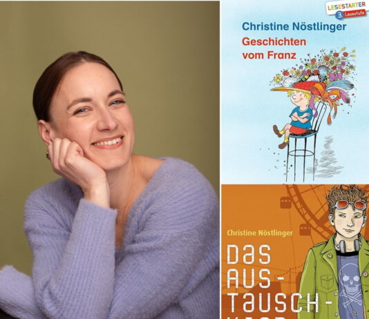 90 Years of Christine Nöstlinger and 70 Years ACF / Kulturforum London Das Bild zeigt links Schauspielerin Lena Liedl, die in einem fliederfarbenen Pullover in die Kamera lächelt. Rechts befinden sich die Buchcover zweier Kinderbücher Christine Nöstlingers, ‚Geschichten vom Franz‘ und ‚Das Austauschkind‘.