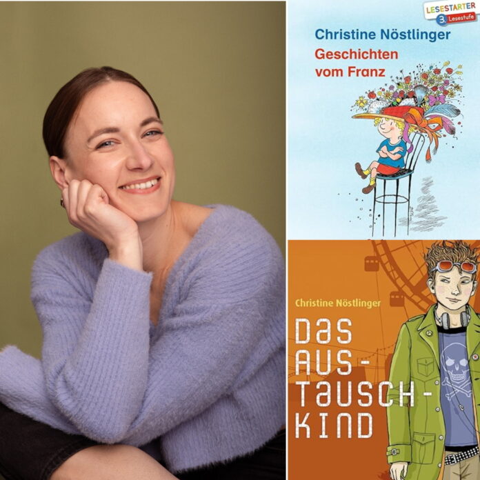 Das Bild zeigt links Schauspielerin Lena Liedl, die in einem fliederfarbenen Pullover in die Kamera lächelt. Rechts befinden sich die Buchcover zweier Kinderbücher Christine Nöstlingers, ‚Geschichten vom Franz‘ und ‚Das Austauschkind‘.
