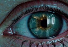 Quantum and the Moving Image / Kulturforum Mailand Das Bild zeigt eine sehr starke Nahaufnahme eines menschlichen Auges. Die Iris ist blau-grünlich gefärbt. In der spiegelnden Oberfläche des Auges ist ein heller Innenraum zu sehen, der wie ein Tunnel wirkt. Darin befinden sich künstliche, neonartige Lichtquellen, die das Auge stark reflektiert