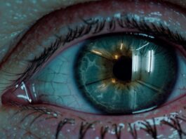 Quantum and the Moving Image / Kulturforum Mailand Das Bild zeigt eine sehr starke Nahaufnahme eines menschlichen Auges. Die Iris ist blau-grünlich gefärbt. In der spiegelnden Oberfläche des Auges ist ein heller Innenraum zu sehen, der wie ein Tunnel wirkt. Darin befinden sich künstliche, neonartige Lichtquellen, die das Auge stark reflektiert