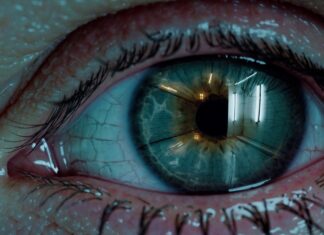 Quantum and the Moving Image / Kulturforum Mailand Das Bild zeigt eine sehr starke Nahaufnahme eines menschlichen Auges. Die Iris ist blau-grünlich gefärbt. In der spiegelnden Oberfläche des Auges ist ein heller Innenraum zu sehen, der wie ein Tunnel wirkt. Darin befinden sich künstliche, neonartige Lichtquellen, die das Auge stark reflektiert