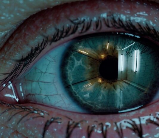 Quantum and the Moving Image / Kulturforum Mailand Das Bild zeigt eine sehr starke Nahaufnahme eines menschlichen Auges. Die Iris ist blau-grünlich gefärbt. In der spiegelnden Oberfläche des Auges ist ein heller Innenraum zu sehen, der wie ein Tunnel wirkt. Darin befinden sich künstliche, neonartige Lichtquellen, die das Auge stark reflektiert