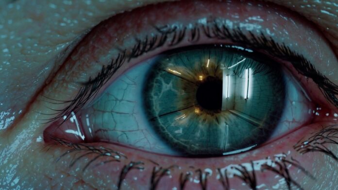 Das Bild zeigt eine sehr starke Nahaufnahme eines menschlichen Auges. Die Iris ist blau-grünlich gefärbt. In der spiegelnden Oberfläche des Auges ist ein heller Innenraum zu sehen, der wie ein Tunnel wirkt. Darin befinden sich künstliche, neonartige Lichtquellen, die das Auge stark reflektiert