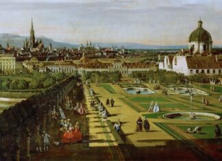 Austria in the UNESCO Mission / Kulturforum New York Das Gemälde View of Vienna from the Belvedere von Bernardo Bellotto zeigt einen weiten Blick über Wien im 18. Jahrhundert, gesehen vom Belvedere aus. Im Vordergrund erstreckt sich ein streng symmetrisch angelegter Barockgarten mit geometrischen Rasenflächen, Kieswegen und mehreren Brunnenbecken. Elegant gekleidete Menschen flanieren, stehen in kleinen Gruppen zusammen oder sitzen entlang einer von Bäumen beschatteten Allee. Einige Figuren wirken beschäftigt, andere entspannen oder unterhalten sich. Rechts dominiert ein großes Gebäude mit heller Fassade und einer markanten Kuppel, während sich links der Garten entlang einer Balustrade und eines Wasserbeckens fortsetzt. Im Mittelgrund liegen weitere Palastbauten und Gartenanlagen. Dahinter öffnet sich die Stadt Wien mit dicht stehenden Häusern und zahlreichen Kirchtürmen. Besonders auffällig ist ein sehr hoher, spitzer Turm, der die Skyline überragt. Im Hintergrund sind sanfte Hügel und ein heller Himmel mit zarten Farbverläufen zu sehen, der dem Bild eine ruhige, weite Atmosphäre verleiht.