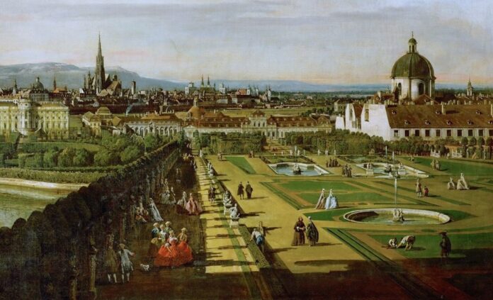 Das Gemälde View of Vienna from the Belvedere von Bernardo Bellotto zeigt einen weiten Blick über Wien im 18. Jahrhundert, gesehen vom Belvedere aus. Im Vordergrund erstreckt sich ein streng symmetrisch angelegter Barockgarten mit geometrischen Rasenflächen, Kieswegen und mehreren Brunnenbecken. Elegant gekleidete Menschen flanieren, stehen in kleinen Gruppen zusammen oder sitzen entlang einer von Bäumen beschatteten Allee. Einige Figuren wirken beschäftigt, andere entspannen oder unterhalten sich. Rechts dominiert ein großes Gebäude mit heller Fassade und einer markanten Kuppel, während sich links der Garten entlang einer Balustrade und eines Wasserbeckens fortsetzt. Im Mittelgrund liegen weitere Palastbauten und Gartenanlagen. Dahinter öffnet sich die Stadt Wien mit dicht stehenden Häusern und zahlreichen Kirchtürmen. Besonders auffällig ist ein sehr hoher, spitzer Turm, der die Skyline überragt. Im Hintergrund sind sanfte Hügel und ein heller Himmel mit zarten Farbverläufen zu sehen, der dem Bild eine ruhige, weite Atmosphäre verleiht.