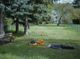 European Union Short Film Festival 2026 / Kulturforum Ottawa Das Bild zeigt eine ruhige Gartenszene. Auf einer Wiese liegt eine ältere Person bäuchlings im Gras. In der Nähe steht ein gelber Rasenmäher. Links im Bild befindet sich eine Holzbank mit einer Handtasche darauf. Im Hintergrund sind Bäume, ein Gartenzaun und ein Haus zu sehen. Die Szene wirkt still und leicht rätselhaft.