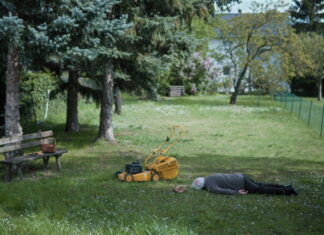 European Union Short Film Festival 2026 / Kulturforum Ottawa Das Bild zeigt eine ruhige Gartenszene. Auf einer Wiese liegt eine ältere Person bäuchlings im Gras. In der Nähe steht ein gelber Rasenmäher. Links im Bild befindet sich eine Holzbank mit einer Handtasche darauf. Im Hintergrund sind Bäume, ein Gartenzaun und ein Haus zu sehen. Die Szene wirkt still und leicht rätselhaft.