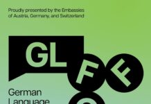 German Language Film Festival / Kulturforum Ottawa Das Bild zeigt ein Plakat für das German Language Film Festival Ottawa (GLFFO), Edition 2026 mit grün-blauem Verlauf im Hintergrund und zentralem Logo. Es wird von den Botschaften Österreichs, Deutschlands und der Schweiz präsentiert. Unten sind das Datum „7.–8. Mai“, der Veranstaltungsort „Arts Court Theater“ sowie der Hinweis „Neuer Veranstaltungsort“ zu finden.