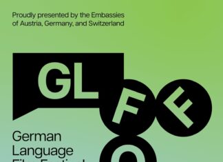 German Language Film Festival / Kulturforum Ottawa Das Bild zeigt ein Plakat für das German Language Film Festival Ottawa (GLFFO), Edition 2026 mit grün-blauem Verlauf im Hintergrund und zentralem Logo. Es wird von den Botschaften Österreichs, Deutschlands und der Schweiz präsentiert. Unten sind das Datum „7.–8. Mai“, der Veranstaltungsort „Arts Court Theater“ sowie der Hinweis „Neuer Veranstaltungsort“ zu finden.