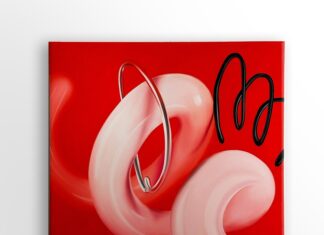 Linz & Paris. Zwei Galerien – ein kreatives Projekt / Kulturforum Paris Das Bild zeigt zwei Spiralen rosa und schwarz mit knallrotem Hintergrund