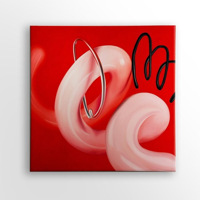 Bild: Ju Schnee, Lalala. © Galerie Dumas Das Bild zeigt zwei Spiralen rosa und schwarz mit knallrotem Hintergrund