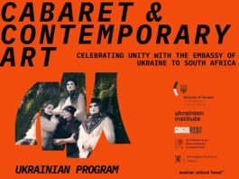 Ukrainisches Kulturfestival / Kulturforum Pretoria Das Bild zeigt ein Poster für die Veranstaltung in der Farbe Orange gehalten mit allen Logos der unterstützenden Organisationen. Beworben werden zwei Konzerte der Dakh Daugthers (Bild mit vier Künstlerinnen die weiß geschminkt sind) und der Ausstellung „Children of Ukraine“. Dazu der Veranstaltungsort „The Market Theatre Johannesburg“ und alle Zeiten und Daten.