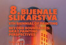 Ausstellung / Kulturforum Zagreb Das Bild zeigt ein Plakat in erdfarbenen Tönen mit gemaltem Hochhaus in Form einer Rakete, Titel, Adresse und Zeitraum der Ausstellung sowie Logos der Partner