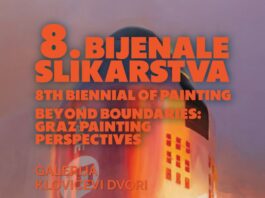 Ausstellung / Kulturforum Zagreb Das Bild zeigt ein Plakat in erdfarbenen Tönen mit gemaltem Hochhaus in Form einer Rakete, Titel, Adresse und Zeitraum der Ausstellung sowie Logos der Partner