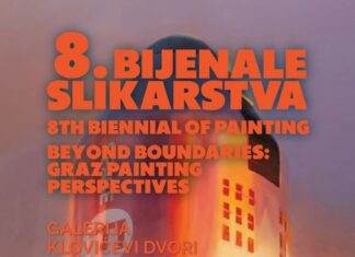 Ausstellung / Kulturforum Zagreb Das Bild zeigt ein Plakat in erdfarbenen Tönen mit gemaltem Hochhaus in Form einer Rakete, Titel, Adresse und Zeitraum der Ausstellung sowie Logos der Partner
