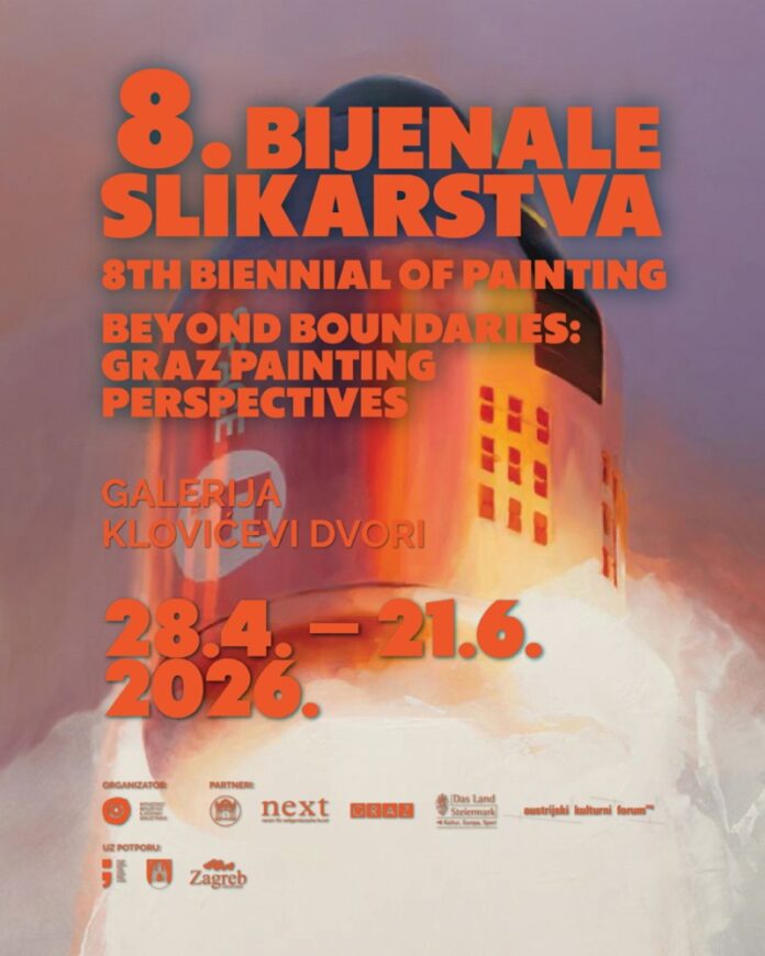 Das Bild zeigt ein Plakat in erdfarbenen Tönen mit gemaltem Hochhaus in Form einer Rakete, Titel, Adresse und Zeitraum der Ausstellung sowie Logos der Partner