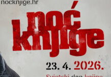 Weltbuchtag / Kulturforum Zagreb Das Bild zeigt ein Plakat mit grauem Hintergrund und Veranstaltungstitel in großer roter Schrift, sowie Informationen zu Datum, Ort und Uhrzeit des Events und Logos der Partner