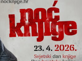 Weltbuchtag / Kulturforum Zagreb Das Bild zeigt ein Plakat mit grauem Hintergrund und Veranstaltungstitel in großer roter Schrift, sowie Informationen zu Datum, Ort und Uhrzeit des Events und Logos der Partner