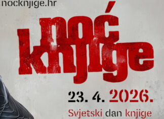 Weltbuchtag / Kulturforum Zagreb Das Bild zeigt ein Plakat mit grauem Hintergrund und Veranstaltungstitel in großer roter Schrift, sowie Informationen zu Datum, Ort und Uhrzeit des Events und Logos der Partner