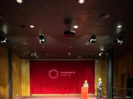 Ruth Beckermann Retrospektive / Botschaft Brasília Das Bild zeigt Ruth Beckermann bei der Eröffnungsrede auf der Bühne des MAM Rio vor dem Publikum der Veranstaltung.