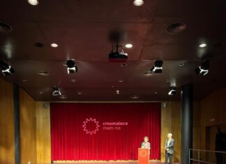 Ruth Beckermann Retrospektive / Botschaft Brasília Das Bild zeigt Ruth Beckermann bei der Eröffnungsrede auf der Bühne des MAM Rio vor dem Publikum der Veranstaltung.