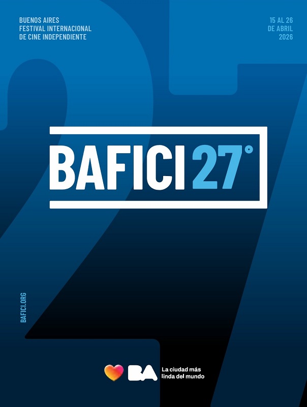 Das Bild zeigt das Poster des BAFICI (27. Ausgabe) mit weißem Logo und den Eckdaten des Festivals auf blauem Hintergrund.