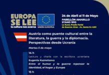 Buchmesse Buenos Aires / Botschaft Buenos Aires Dunkelblaues Veranstaltungsplakat mit grafischen Elementen und Logos. Hervorgehoben sind Titel, Datum und Ablauf der Veranstaltung der Österreichischen Botschaft Buenos Aires mit Lesungen ukrainischer Autorinnen und Autoren sowie einer abschließenden Diskussionsrunde mit diplomatischen Vertretungen.