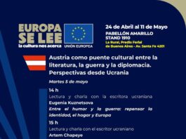 Buchmesse Buenos Aires / Botschaft Buenos Aires Dunkelblaues Veranstaltungsplakat mit grafischen Elementen und Logos. Hervorgehoben sind Titel, Datum und Ablauf der Veranstaltung der Österreichischen Botschaft Buenos Aires mit Lesungen ukrainischer Autorinnen und Autoren sowie einer abschließenden Diskussionsrunde mit diplomatischen Vertretungen.