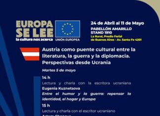 Buchmesse Buenos Aires / Botschaft Buenos Aires Dunkelblaues Veranstaltungsplakat mit grafischen Elementen und Logos. Hervorgehoben sind Titel, Datum und Ablauf der Veranstaltung der Österreichischen Botschaft Buenos Aires mit Lesungen ukrainischer Autorinnen und Autoren sowie einer abschließenden Diskussionsrunde mit diplomatischen Vertretungen.