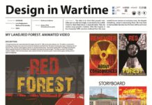 DESIGN IN WARTIME / Botschaft Stockholm Das Bild zeigt ein Poster mit Stillbildern aus der Videoanimation „Red Forest“ von Kateryna Lakusta.