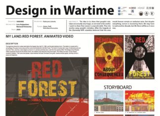DESIGN IN WARTIME / Botschaft Stockholm Das Bild zeigt ein Poster mit Stillbildern aus der Videoanimation „Red Forest“ von Kateryna Lakusta.